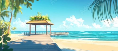 Tropical beach scene with a wooden pier gazebo adorned with palm leaves under a clear blue sky and gentle ocean waves photo