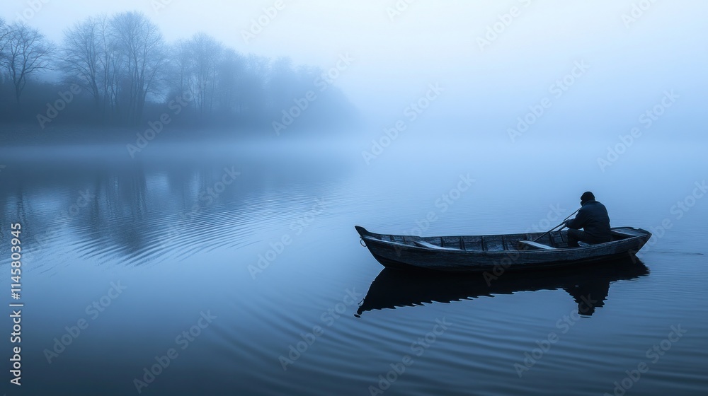 Solitary figure rowing a small boat on a misty lake at dawn. Solitary figure rowing a small boat on a misty lake at dawn.