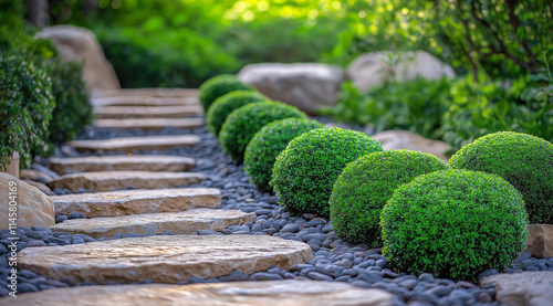 A photograph of several boxwood bushes in the landscape. They have round shapes and different heights. The garden is surrounded by rocks and has an elegant design with stone walkwa photo