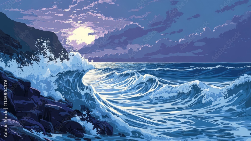 Fototapeta premium Serene ocean waves crashing against a rugged rocky shore under a twilight sky creating a calming natural backdrop for relaxation