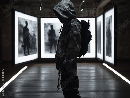 In the exhibition hall, there is an immersive space with three walls featuring black and white images of men in various poses wearing dark military-style . In front stands one man photo