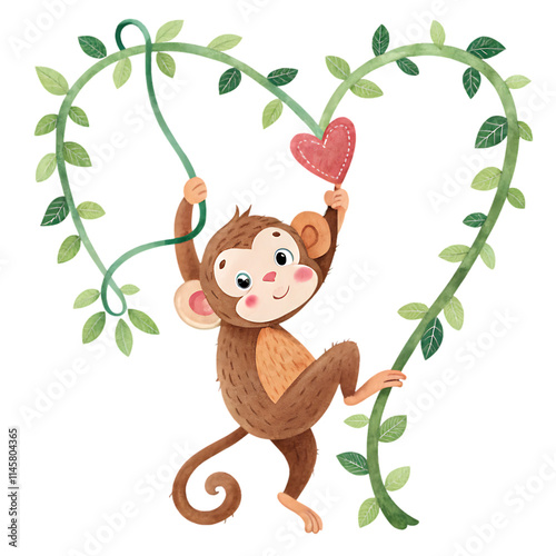 Cute monkey holding heart-shaped vines valentine's day animals clipart whimsical style nature background playful concept photo