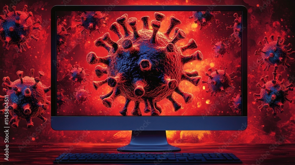 Naklejka premium Computer Monitor Displaying 3D Render of Virus Structure Surrounded by Abstract Red Background Representing Infectious Disease Concept and Health Challenges