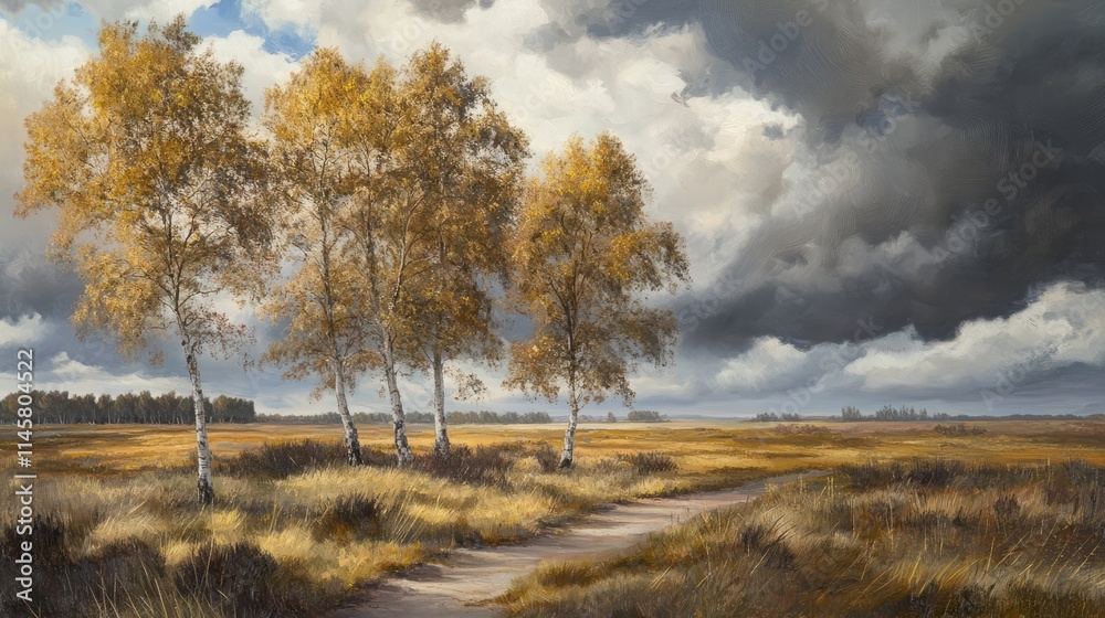 Moorland Landscape with Autumn Trees and Dramatic Cloudy Sky Over Open Fields Moorland Landscape with Autumn Trees and Dramatic Cloudy Sky Over Open Fields