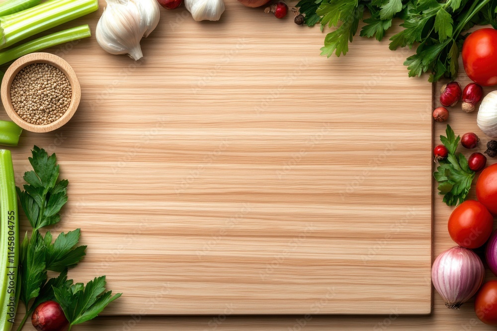 Top view of wooden table with fresh vegetables and spices kitchen food preparation natural light culinary inspiration Top view of wooden table with fresh vegetables and spices kitchen food preparation natural light culinary inspiration