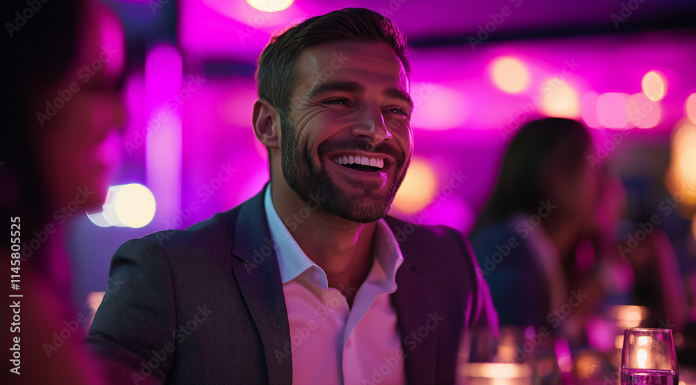 A man in his late thirties with short hair and a beard, wearing business attire, is sitting at a table laughing alongside friends during an after-work social gathering inside a nig A man in his late thirties with short hair and a beard, wearing business attire, is sitting at a table laughing alongside friends during an after-work social gathering inside a nig