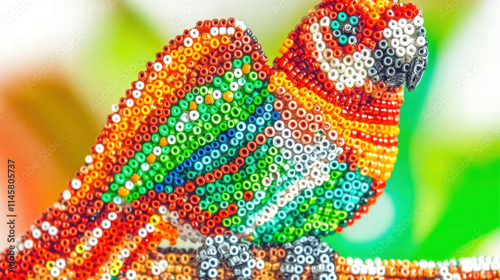 Obraz premium vibrant handmade beadwork representation of colorful parrot, showcasing intricate details and bright colors. This artwork captures beauty of nature through craftsmanship