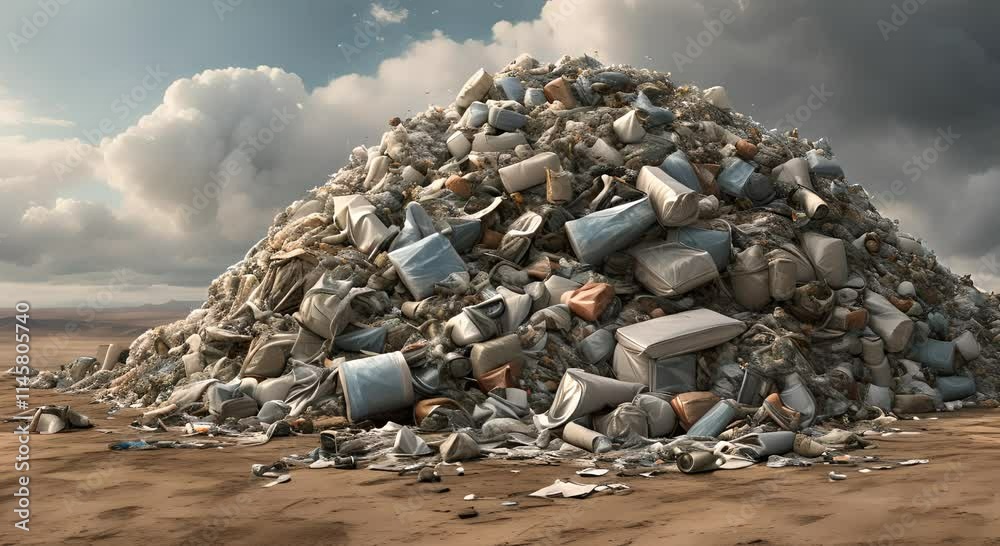Massive piles of garbage scattered across an open landfill under a cloudy and polluted sky. Environmental issue concept
