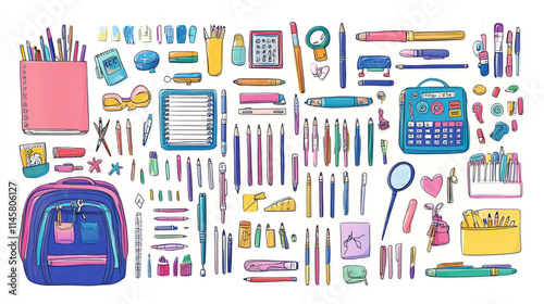 School and office stationery set. Doodle pen, pencil, marker, notebook, ruler and backpack. Vector flat icons of education supplies, scissors, calculator, magnifier and paints