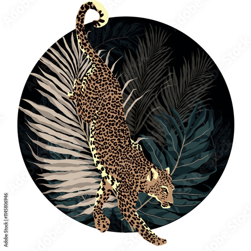 Vector freehand abstract illustration of a leopard and tropical leaves isolated on a white background. Hand drawn leo. Flat graphics. Postcard design, printing.