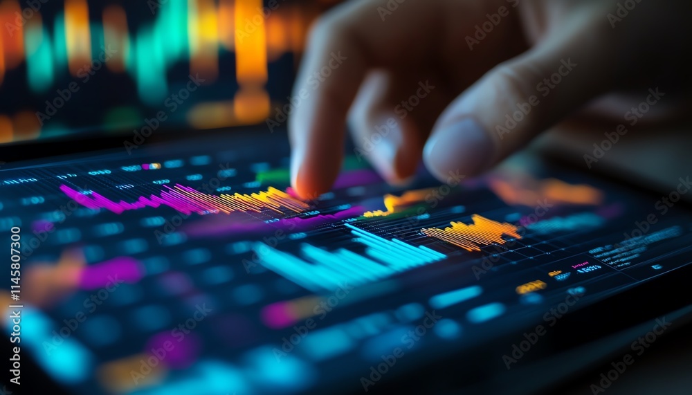 Closeup of a hand on a tablet screen with digital financial graphs, highlighting realtime data analytics, business technology innovation, and modern investment strategies Closeup of a hand on a tablet screen with digital financial graphs, highlighting realtime data analytics, business technology innovation, and modern investment strategies