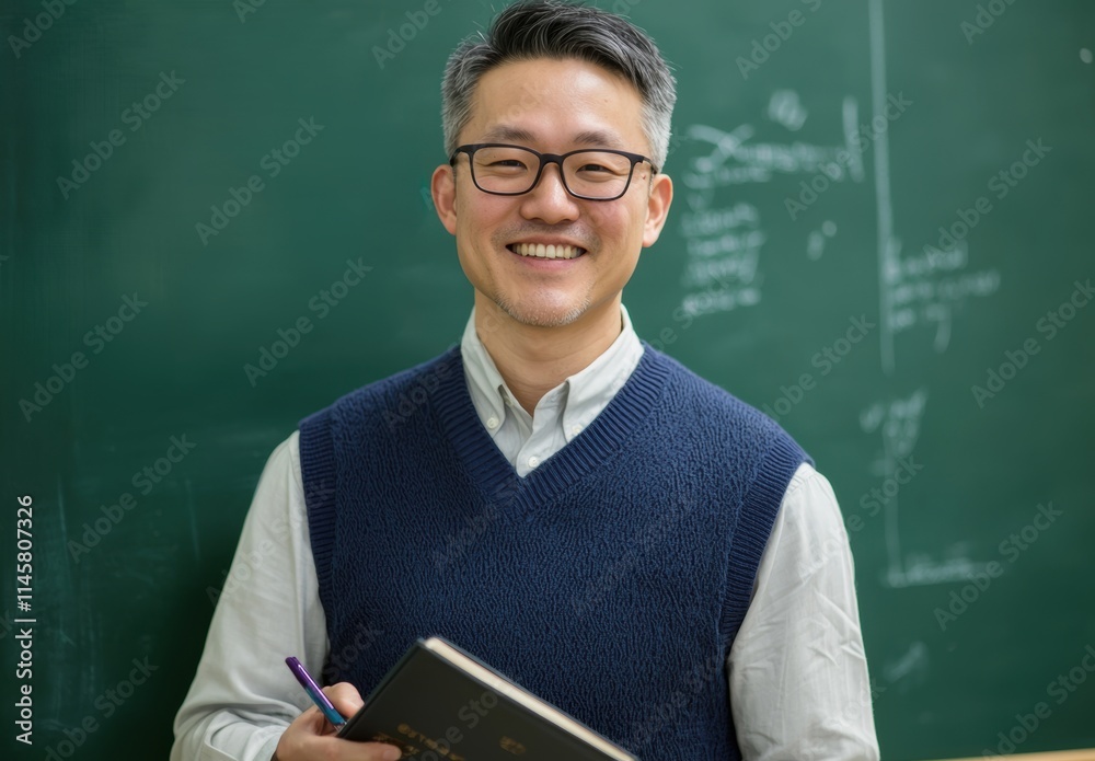 Cheerful Teacher Holding Notebook in Classroom with Green Chalkboard Cheerful Teacher Holding Notebook in Classroom with Green Chalkboard