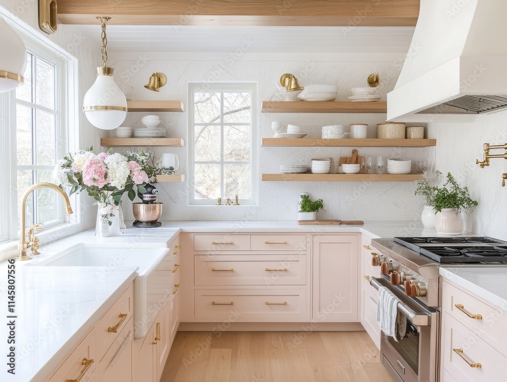 Elegant Pink Kitchen with Gold Accents and White Shelving Elegant Pink Kitchen with Gold Accents and White Shelving
