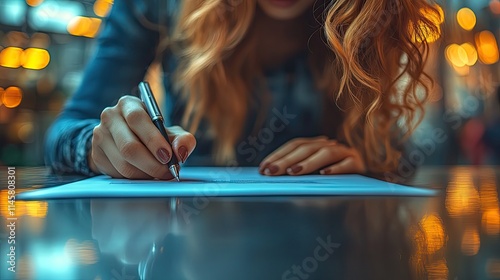 Woman signing a contract with a pen.
