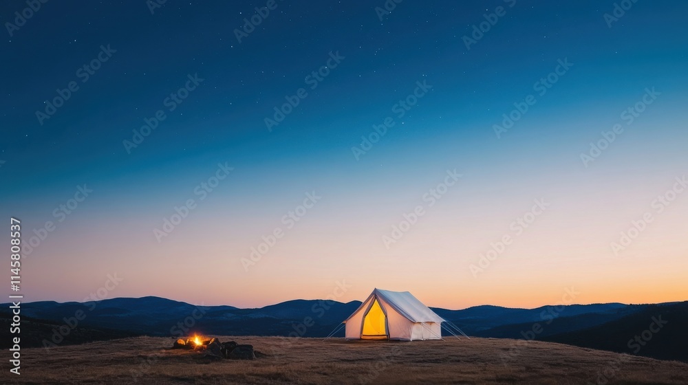 Serene Night Scene of a Campsite with a Glamping Tent, Campfire, and Starry Sky Over Majestic Mountain Landscape at Dusk Serene Night Scene of a Campsite with a Glamping Tent, Campfire, and Starry Sky Over Majestic Mountain Landscape at Dusk