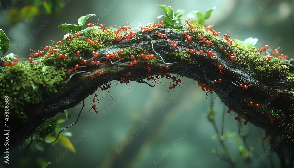 Closeup of red ants forming a bridge over mosscovered branches, demonstrating incredible teamwork, with fine details of their bodies and the natural textures Closeup of red ants forming a bridge over mosscovered branches, demonstrating incredible teamwork, with fine details of their bodies and the natural textures