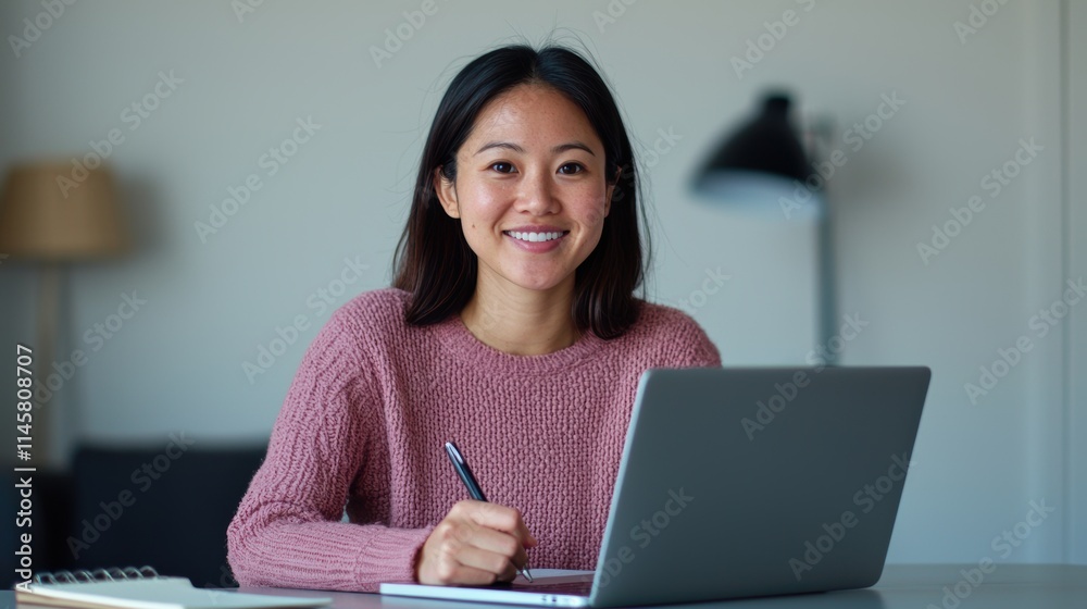Young Woman Smiling While Working on Laptop at Cozy Home Office Young Woman Smiling While Working on Laptop at Cozy Home Office