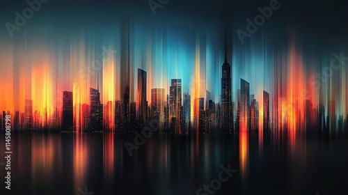 Vibrant city skyline at sunset, depicted with dynamic light streaks, creating a surreal and energetic mood.