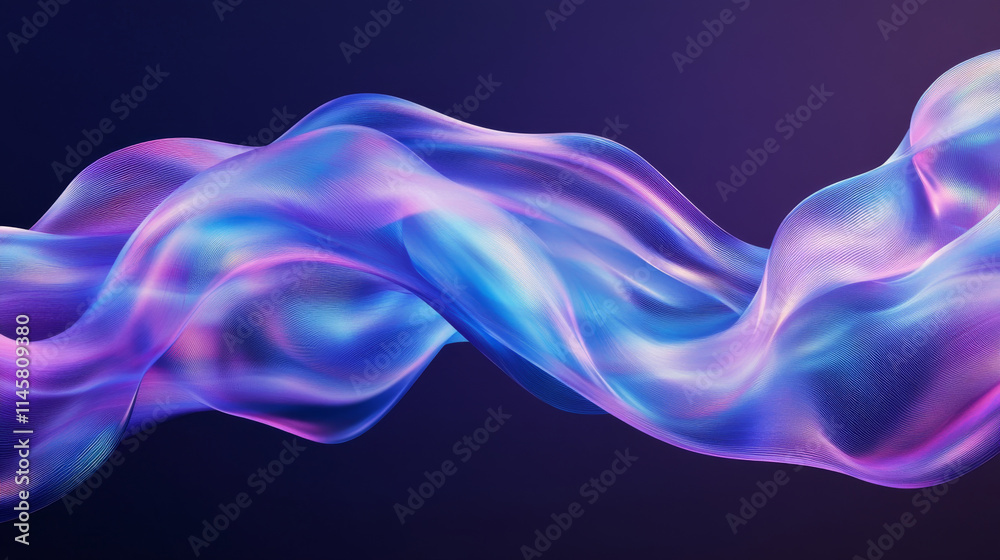Abstract liquid glass transparent ribbon. Realistic vector illustration of blue and purple spectrum holographic floating wave shape. Iridescent dynamic curve translucent design element flowing in air. Abstract liquid glass transparent ribbon. Realistic vector illustration of blue and purple spectrum holographic floating wave shape. Iridescent dynamic curve translucent design element flowing in air.