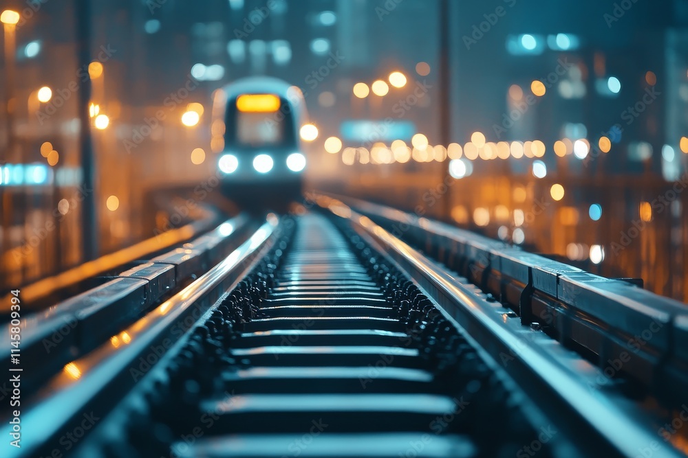 Train approaches platform at night with bright city lights illuminating the railway tracks Train approaches platform at night with bright city lights illuminating the railway tracks