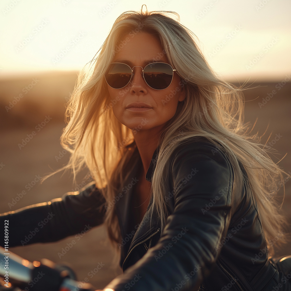 Portrait of an athletic middle-aged woman with long blonde hair and sunglasses, wearing a black leather jacket and riding a motorcycle in the desert at sunset. Side view, looking i Portrait of an athletic middle-aged woman with long blonde hair and sunglasses, wearing a black leather jacket and riding a motorcycle in the desert at sunset. Side view, looking i