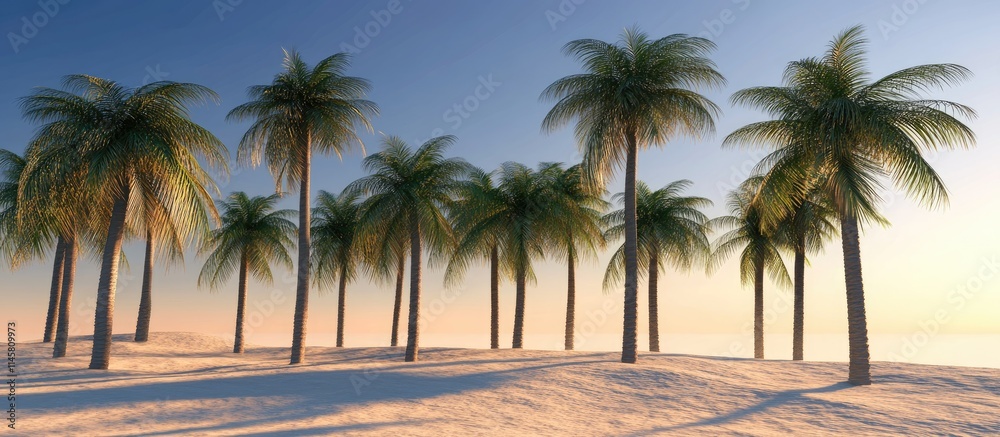 Tropical landscape with tall palm trees under a clear sky at sunset in a serene beach setting for summer vacation vibes Tropical landscape with tall palm trees under a clear sky at sunset in a serene beach setting for summer vacation vibes