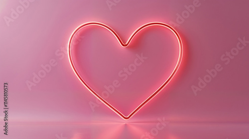 A soft pink background with smooth, glowing neon red lines gently forming the shape of a heart symbol. The lines are delicate and luminous, giving off a warm, romantic glow. Valentine's day