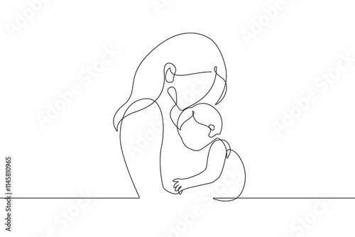 Happy Mother`s Day Line Art Vector Illustration. Continuous Single Line Drawing of Mother Holds Little Child. Happy Family Hand Drawn Contour Silhouette Outline Style. 