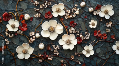 Davidia involucrata floral arrangement featuring delicate white flowers against a textured dark background showcasing intricate details and colors photo