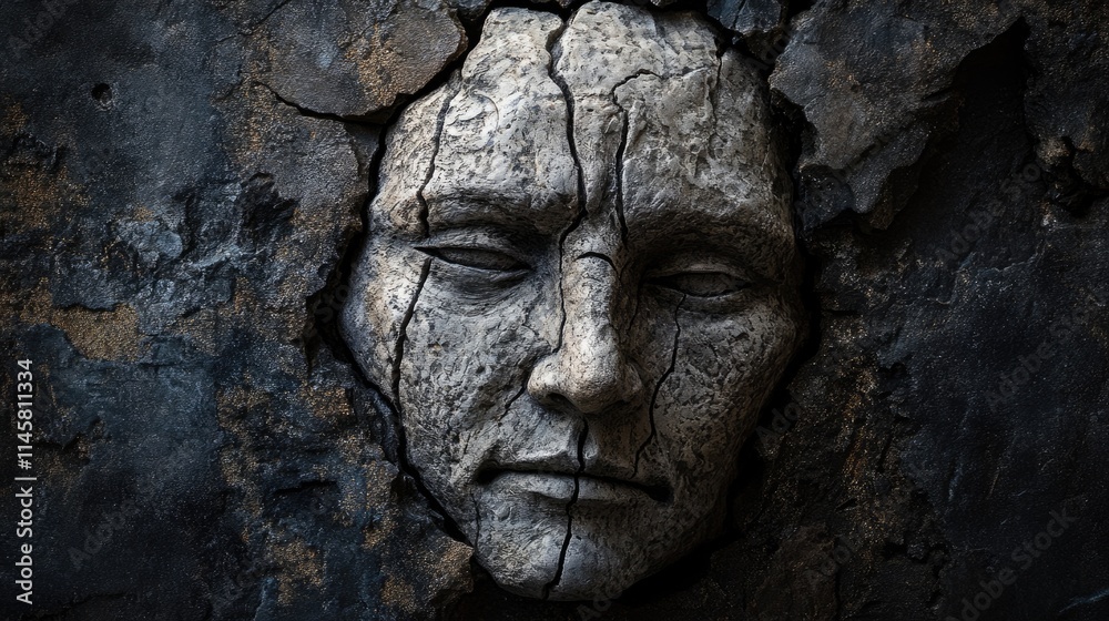 Eerie Stone Visage. Haunting Sculpture of a Scary Face Set Against a Dark Background Eerie Stone Visage. Haunting Sculpture of a Scary Face Set Against a Dark Background