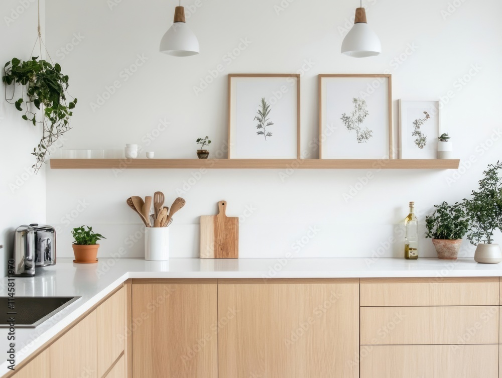 Modern Minimalist Kitchen With Light Wood Cabinets and Plants Modern Minimalist Kitchen With Light Wood Cabinets and Plants
