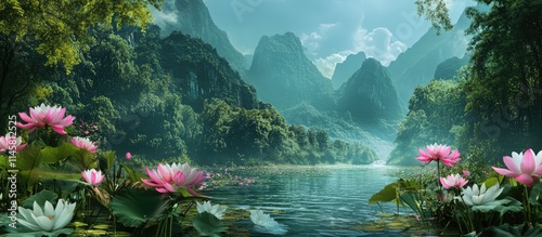 Serene landscape of pink and white flowers by a clear river with lush greenery and majestic mountains under a tranquil sky.