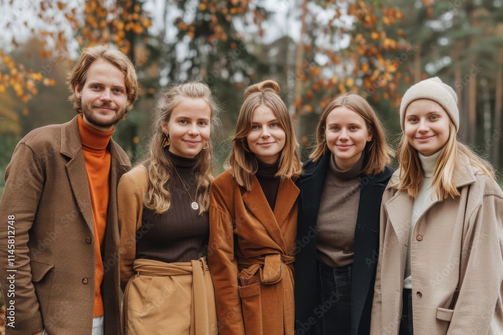 Group of young people standing in autumn park and smiling at camera. Group of young people standing in autumn park and smiling at camera.