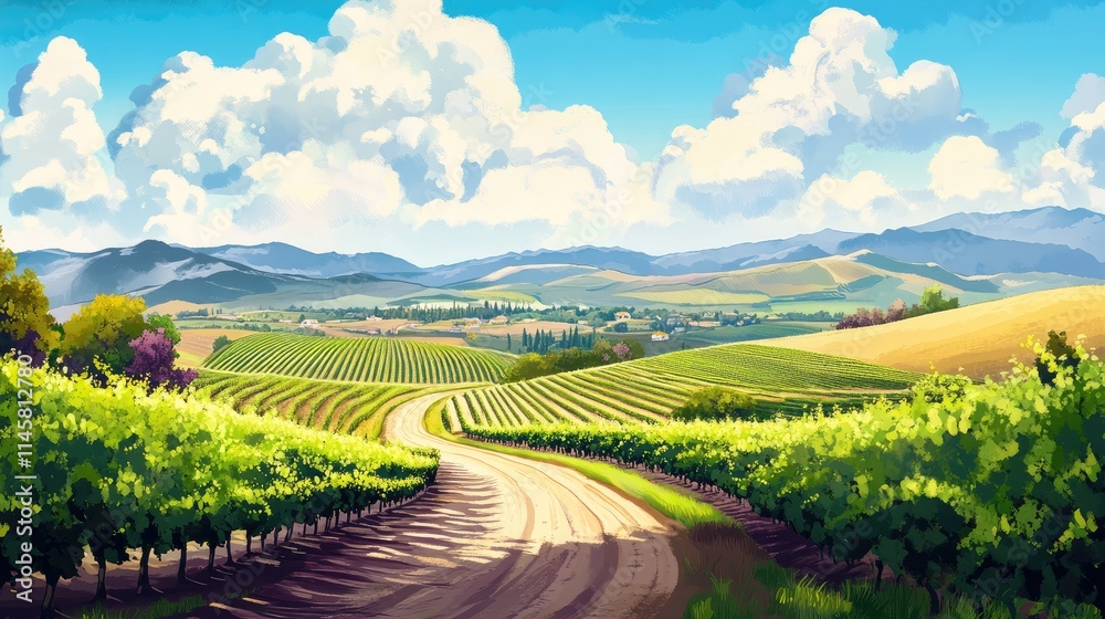 Fototapeta premium Scenic vineyard landscape with rolling hills and a winding road under a bright spring sky showcasing lush grapevines and distant mountains