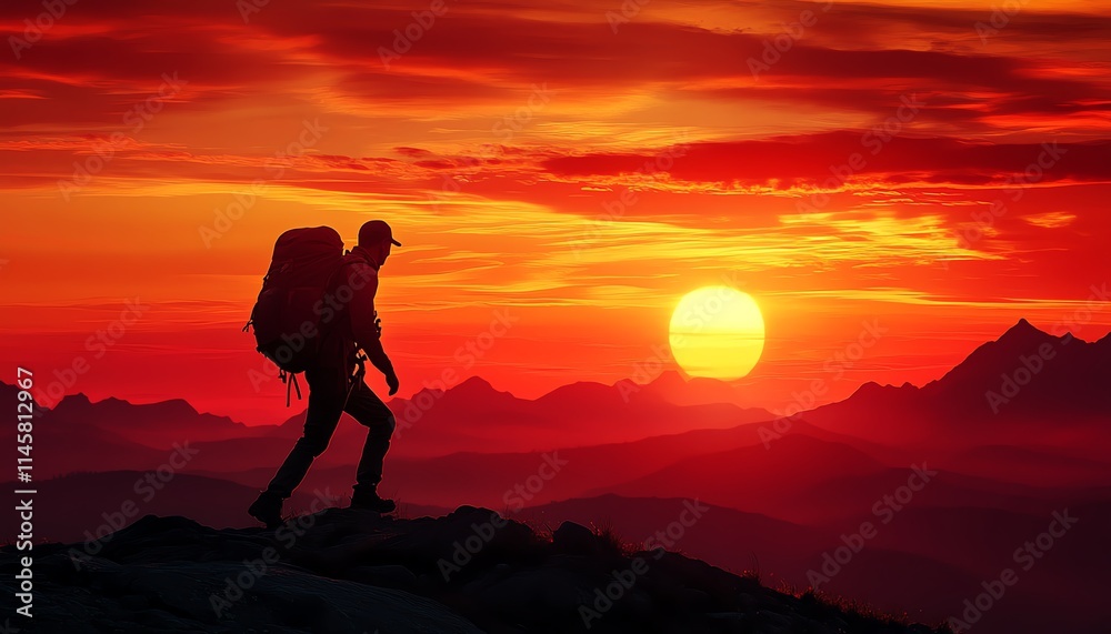 Mountain man with a backpack crossing a mountain pass, dramatic sunset with warm and cool tones illuminating the landscape Mountain man with a backpack crossing a mountain pass, dramatic sunset with warm and cool tones illuminating the landscape