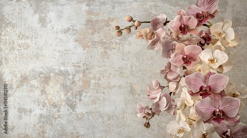 Elegant Vintage Floral Design with Hydrangeas and Orchids in Soft Pastel Colors on Faded Linen Texture