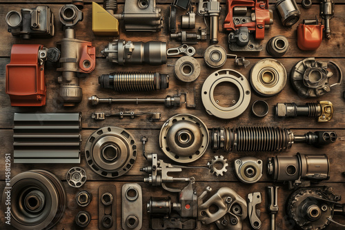 Wallpaper Mural Various car spare parts on a mechanic workbench background in a garage, auto repair shop or auto parts store concept... Torontodigital.ca