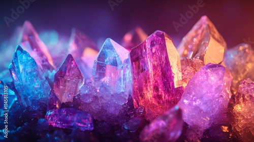 Magic crystal light, gem stones of purple or pink colors, faceted and rough glowing rocks, isolated crystalline mineral. Jewelry precious or semiprecious gemstones, Realistic 3d vector icons set photo