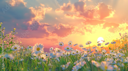 sunset over the field with flowers