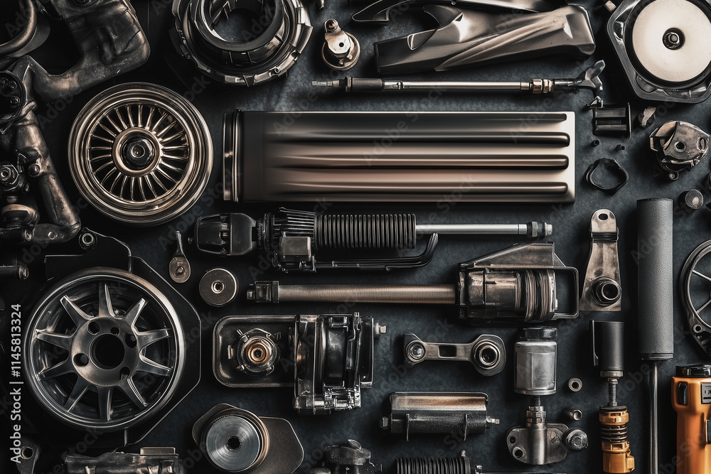 Various car spare parts on a mechanic workbench background in a garage, auto repair shop or auto parts store concept... Various car spare parts on a mechanic workbench background in a garage, auto repair shop or auto parts store concept...