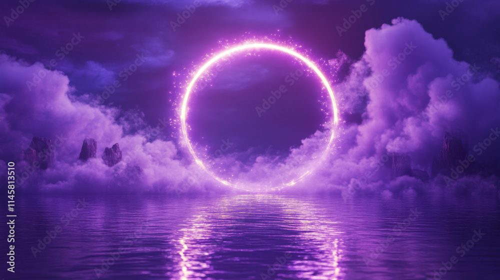 Neon circle frame with smoke on water surface. Round glowing frame with magic light among soft clouds. Purple ring with bright sparkles and flares, Realistic 3d vector abstract mysterious background Neon circle frame with smoke on water surface. Round glowing frame with magic light among soft clouds. Purple ring with bright sparkles and flares, Realistic 3d vector abstract mysterious background
