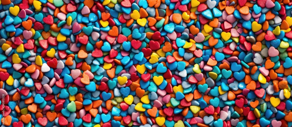Colorful heart-shaped confectionery sprinkles creating a vibrant abstract backdrop for festive occasions or desserts Colorful heart-shaped confectionery sprinkles creating a vibrant abstract backdrop for festive occasions or desserts