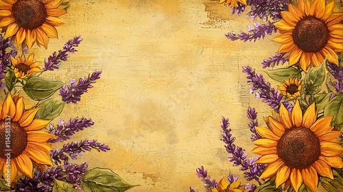 Vibrant Retro Floral Design with Sunflowers and Lavender on Rustic Textured Background