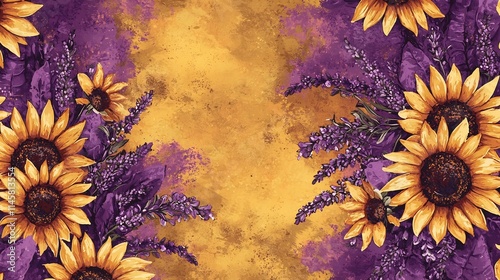 Vibrant Retro Floral Design with Sunflowers and Lavender on Rustic Textured Background