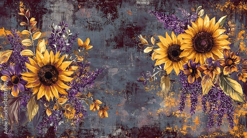 Retro Floral Sunflower and Lavender Design on Rustic Textured Background