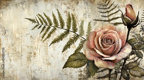 Vintage Floral Design with Intricate Roses and Ferns on Textured Canvas