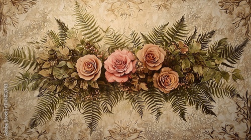 Vintage Floral Design with Intricate Patterns of Roses and Ferns on Textured Canvas