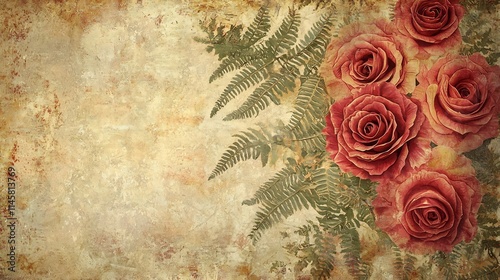 Vintage Floral Design with Intricate Patterns of Roses and Ferns on Textured Canvas