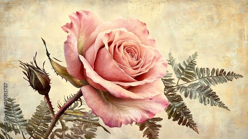 Vintage Floral Design with Intricate Rose and Fern Patterns on Textured Beige Canvas