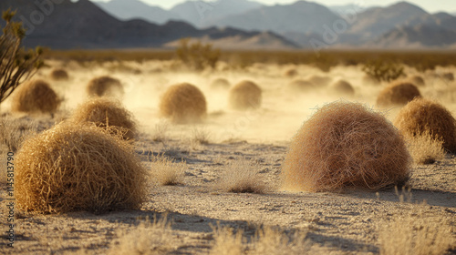 Tumbleweed, dry weed ball and brown dust clouds isolated on transparent background. Vector realistic set of flow desert sand and dead plants, rolling dry bushes, old tumble grass in prairie photo